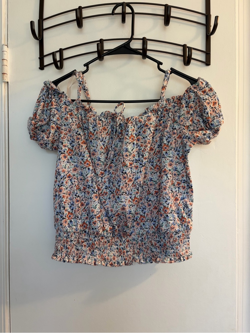 BCX Peach & Light Blue Floral Off-Shoulder Crop Top